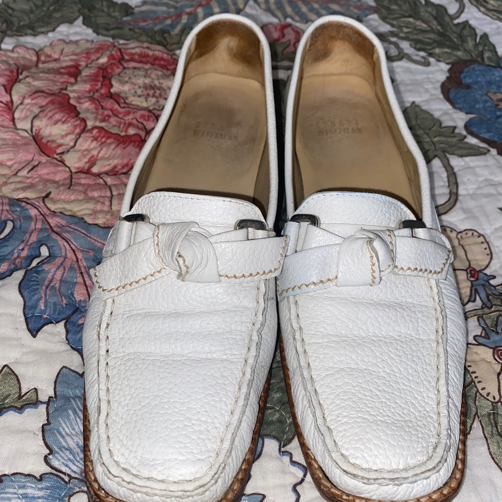 Womens Stuart Weitzman white leather loafers